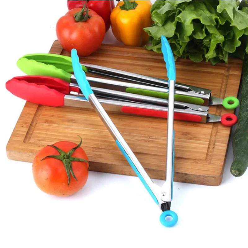 7/9 Inch BBQ Grill Clip Stainless Steel Kitchen Clip Silicone Non-slip Cooking Clip Food  Barbecue Salad Tool Kitchen Access