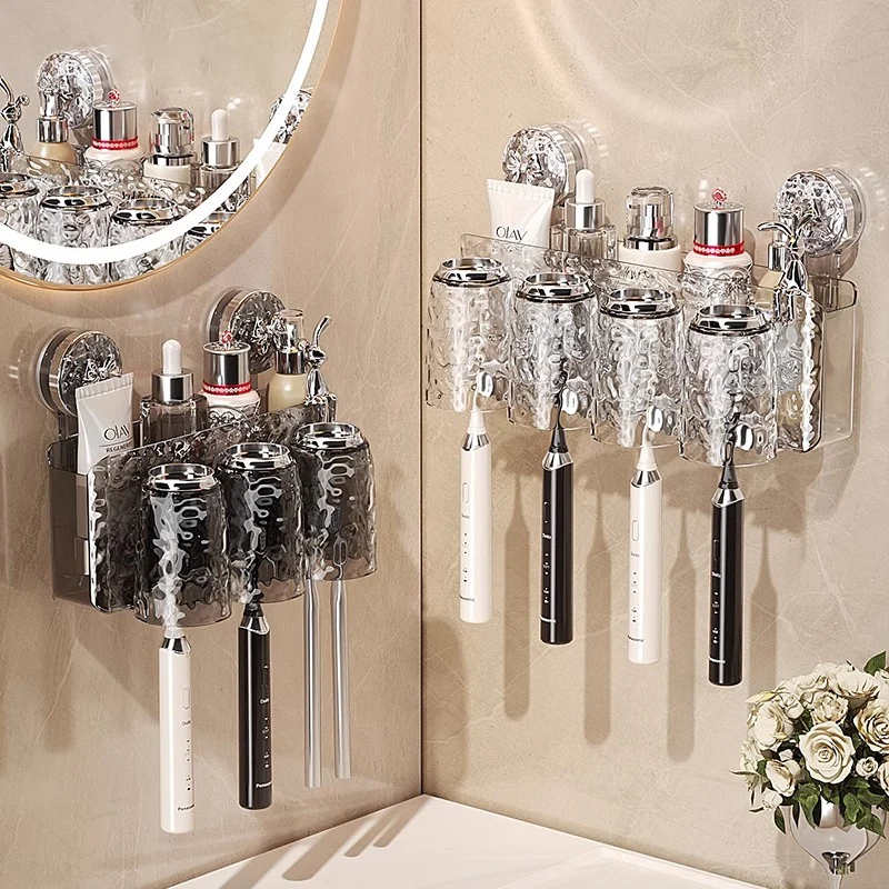 حامل فرشاة أسنان الحمام مع نمط الجليدي الحائط غير مثقب شفط كأس تخزين الرف فرشاة الأسنان مجموعة تخزين الرف #1