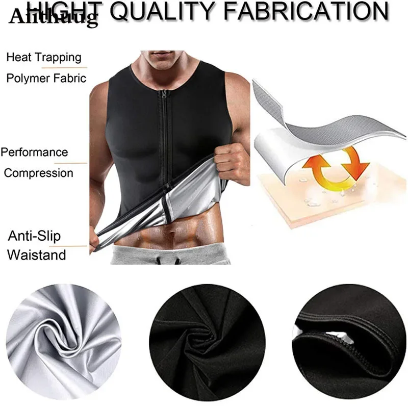 Aiithuug Men Sauna Sweat Vest Polymer for Men Waist Trainer Vest Sauna Suit Workout Tank Top Body Shape for Men with Zipper