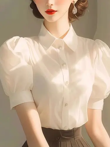 Blusa blanca elegante de estilo francés, inteligente y absolutamente hermosa, con cuello levantado y manga abombada para mujer, camisa de verano