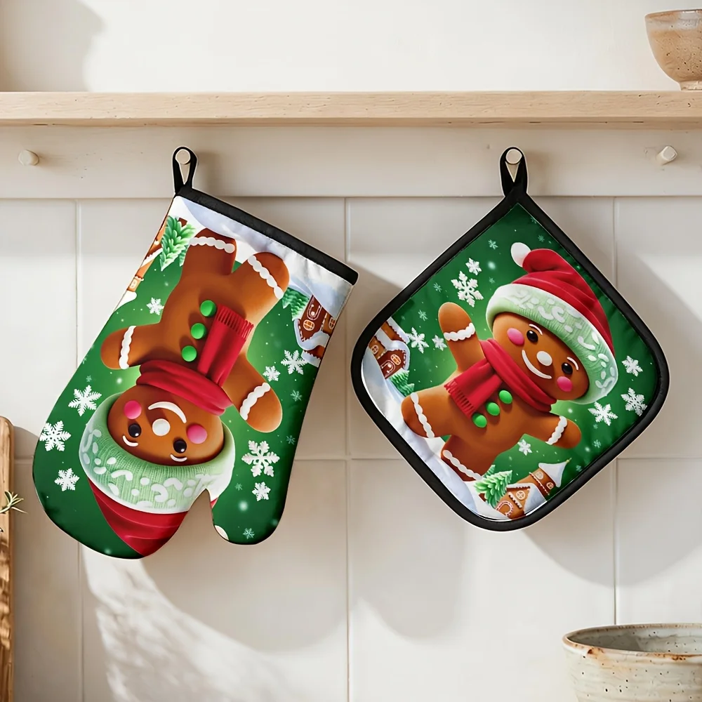 Glove and Pot Holder Set, Christmas Oven Mitts, Gingerbread for Man with Red and Green Hat and Red Scarf, Snowflake