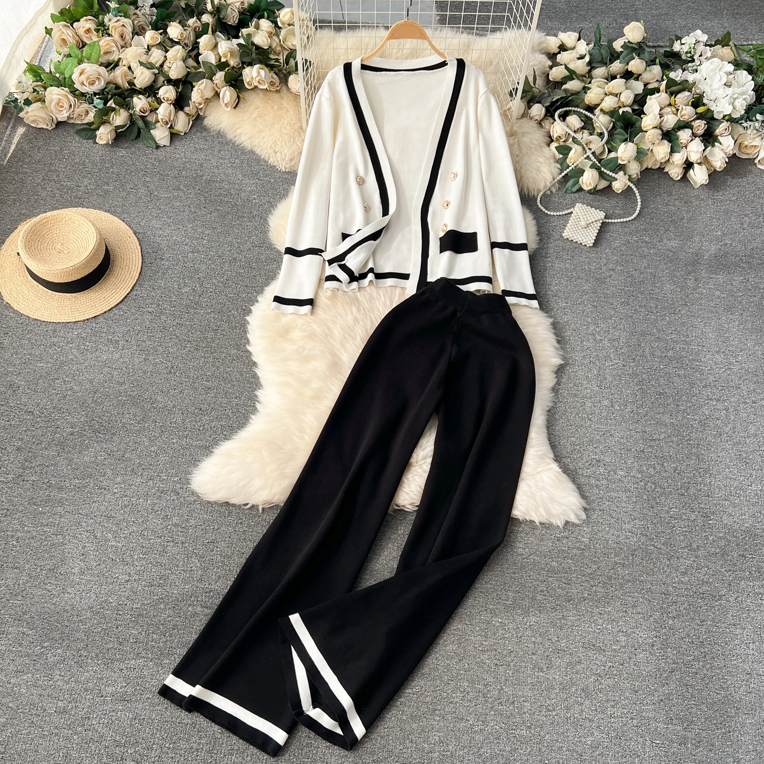 Clothland Women Elegant Knitting Suit V Neck Long Sleeve Cardigan Sweater Long Trousers Retro Two Piece Set Mujer TA394