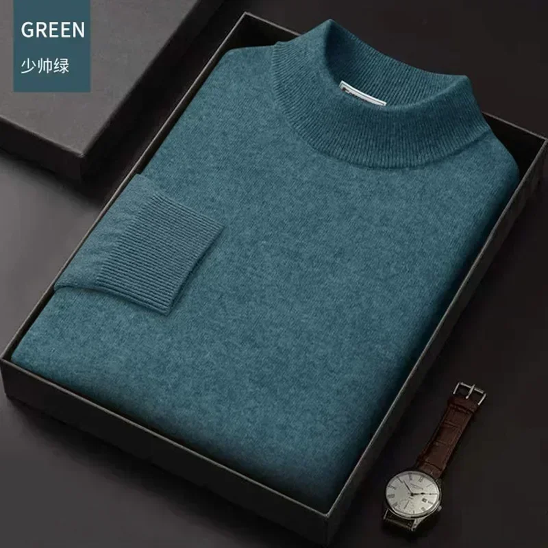 Luxury Brand Men's Mock Collar 100% Pure Woolen Sweater Tops Autumn Winter Cashmere Sweater Pullover Male Warm Knitwear Sweater