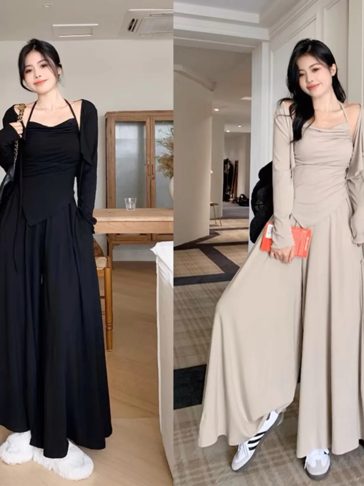 

plus Size Women's Three-Piece Set Sunscreen Open Cardigan Wide Leg Pants Casual Loose Fit round Neck Long Sleeve High Waist