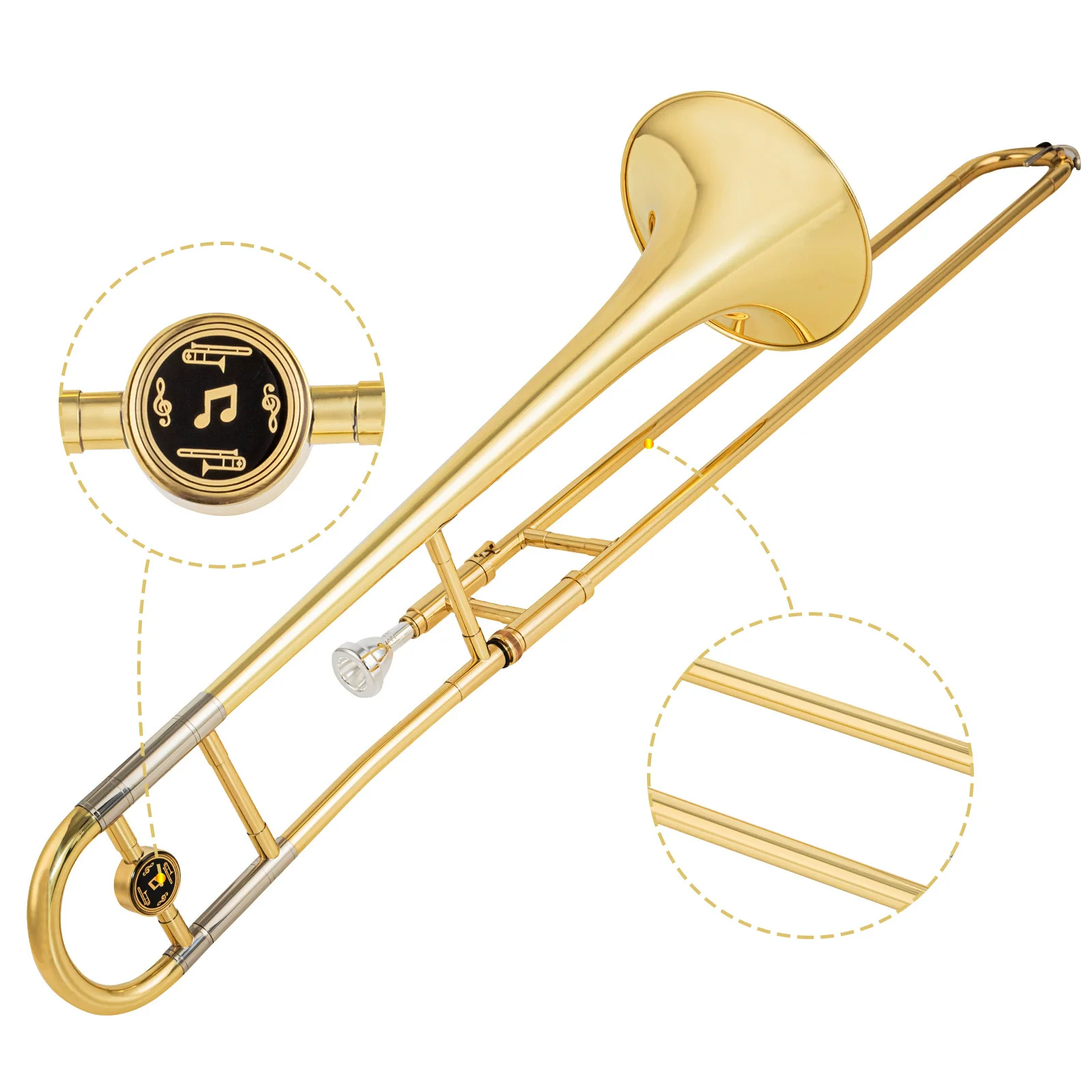Tenor Trombone Key of Bb Slide Brass Instrument Gold Lacquer & Nickel Silver Finish Bb Tenor Trombone