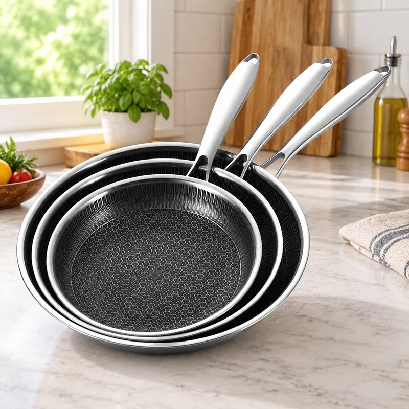 Set of 3 Nonstick Stainless Steel Fry Pans 20/24/28cm Dishwasher-Safe PFOA-Free Cookware