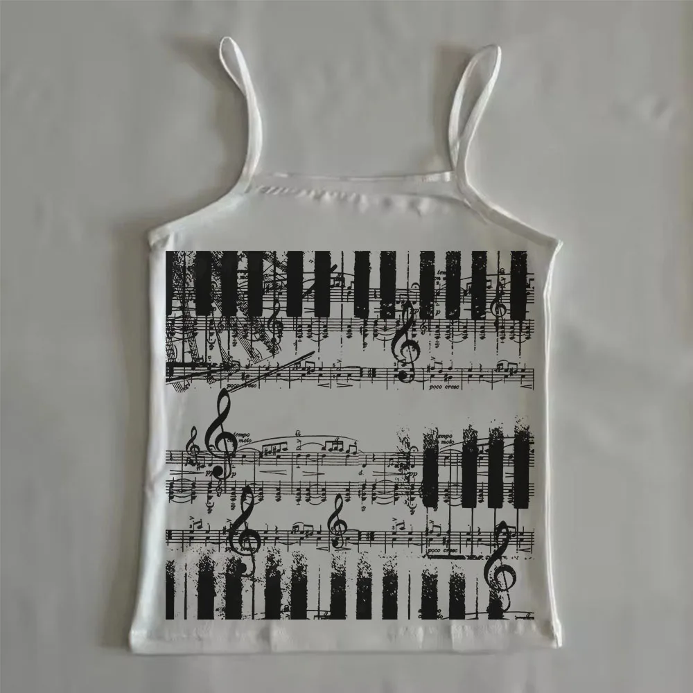 Women Vintage Piano Keyboard Music Note Print Slim Tank Top Y2K Grunge Sleeveless Strap Vest Summer Casual Streetwear Summer