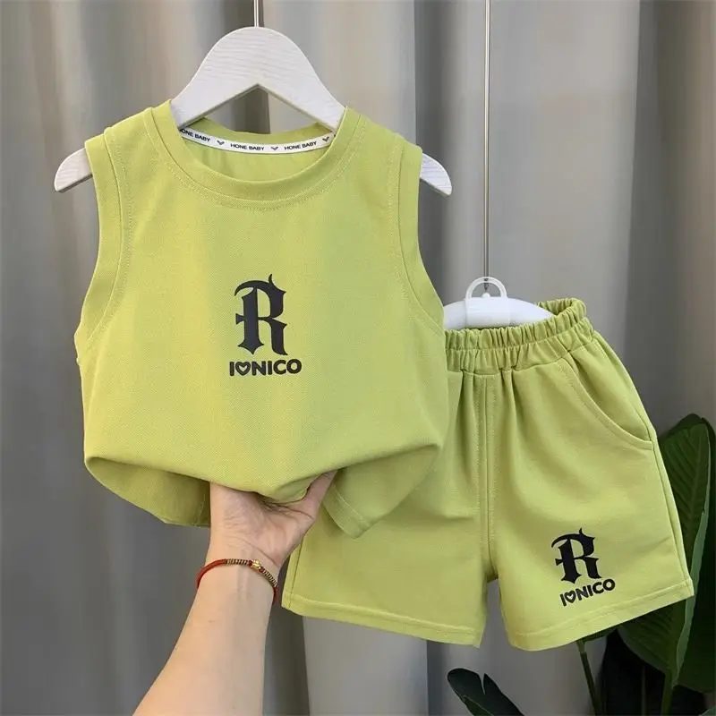 

Childrens Summer Clothing Set 2025 New Fashionable Kids Boys Sleeveless Letter T-shirt Shorts 2-Piece Boys Casual Sports Set