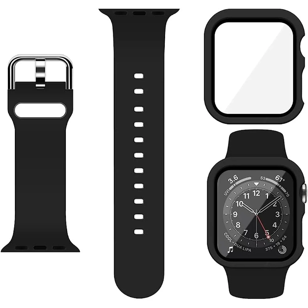 2pcs/set Silicone Watch Strap & Tempered Glass Case Cover For Apple Watch 9 8 7 6 5 4 3SE iWatch Ultra 38 40 41 42 44 45 49mm