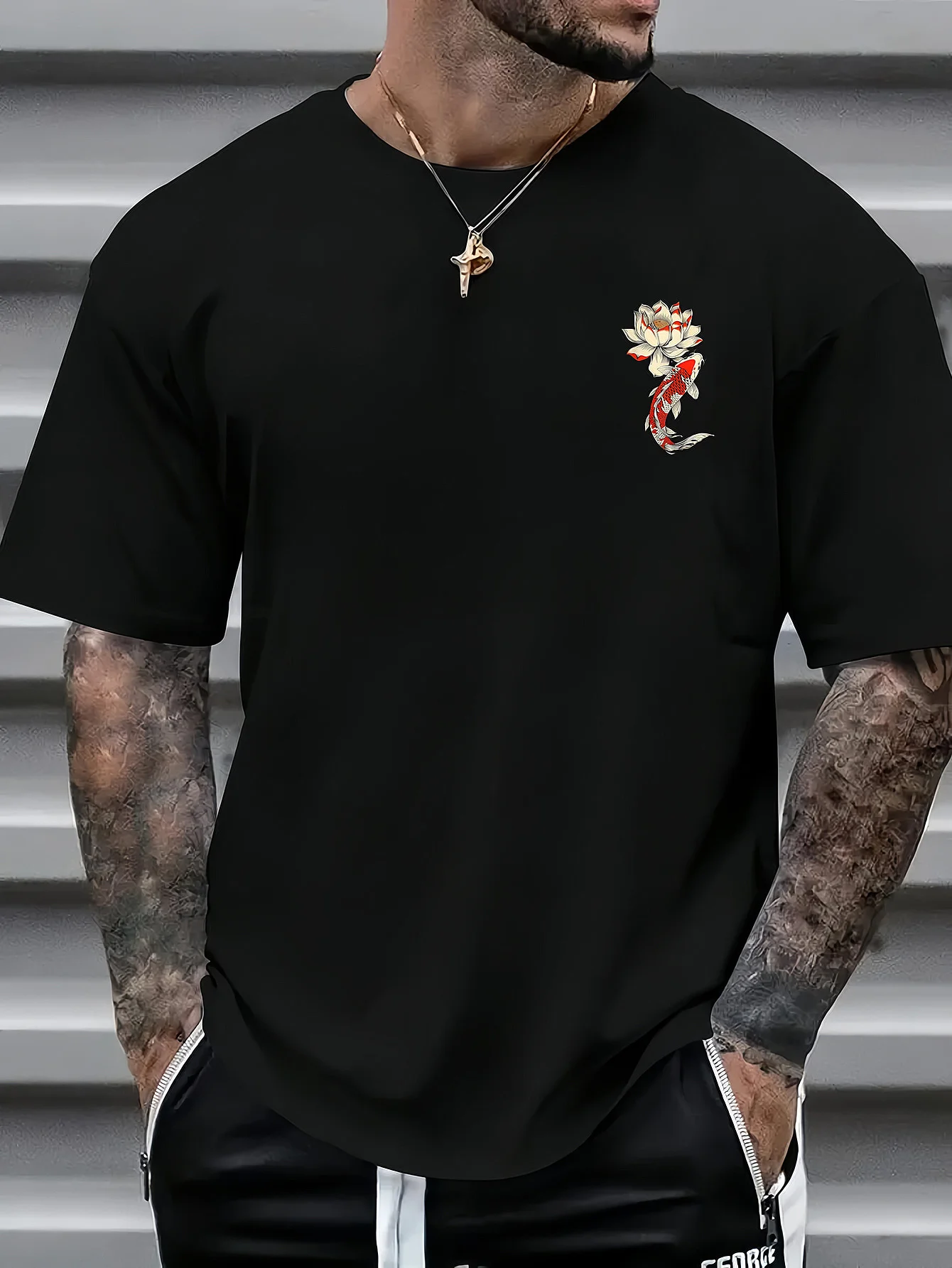 Men New Summer T-shirt with Carp and Cherry Patterns in  Loose Fit Round Neckline Made Breathable Soft Fabric Suitable Occasions