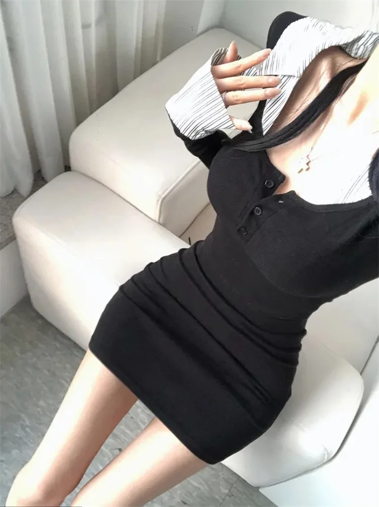Koreanischer Stil, figurbetontes Oberteil mit Revers, Knöpfen und Patchwork-Muster, langärmelig, Bodycon-Minirock, Outfit, T-Shirt, Damen, schick, schlankmachend, passendes Set – Detail 5