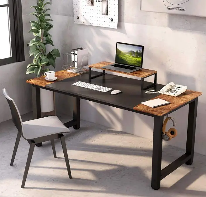 Modern Wood Desktop Home Computer Desk With Monitor Shelf Splicing Board