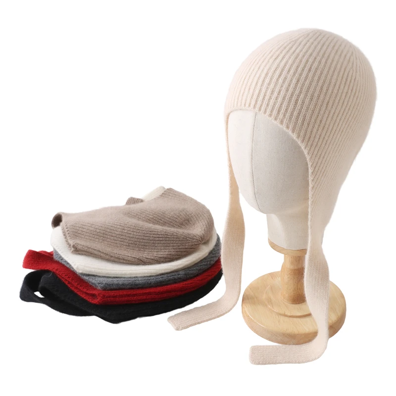 100% Pure Cashmere Hat Casual Layered Niche Drawstring Warm Knitted Autumn Winter Fashion Solid Color Versatile