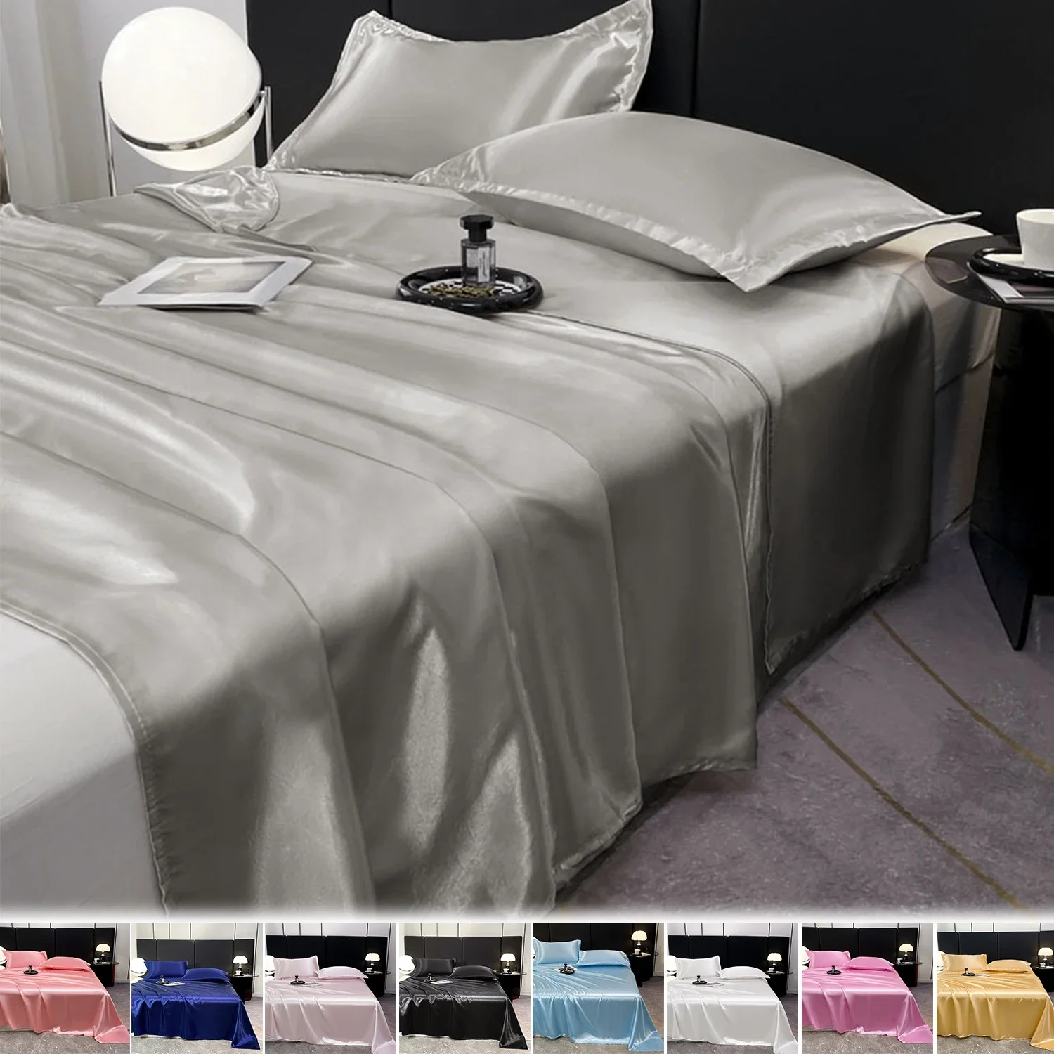 High End  Soft and Comfortable Solid Color Satin Sheet and Pillowcase ，Luxurious Bedding Ensemble with A Silky Sheen 메트리스 커버