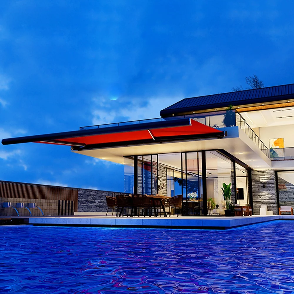 Garden Terrace Full Box Retractable Outdoor Awning Waterproof Foldable Electric Awning with Light Emitting Diode Light