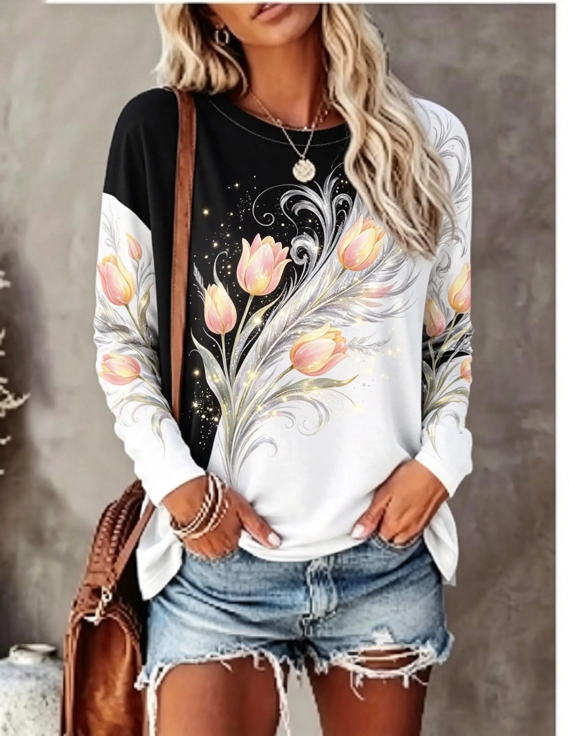 Women Long Sleeve T‑Shirt Black White Splicing Rose Dragonfly Vintage Boho Print Crew Neck Casual Fall Tops