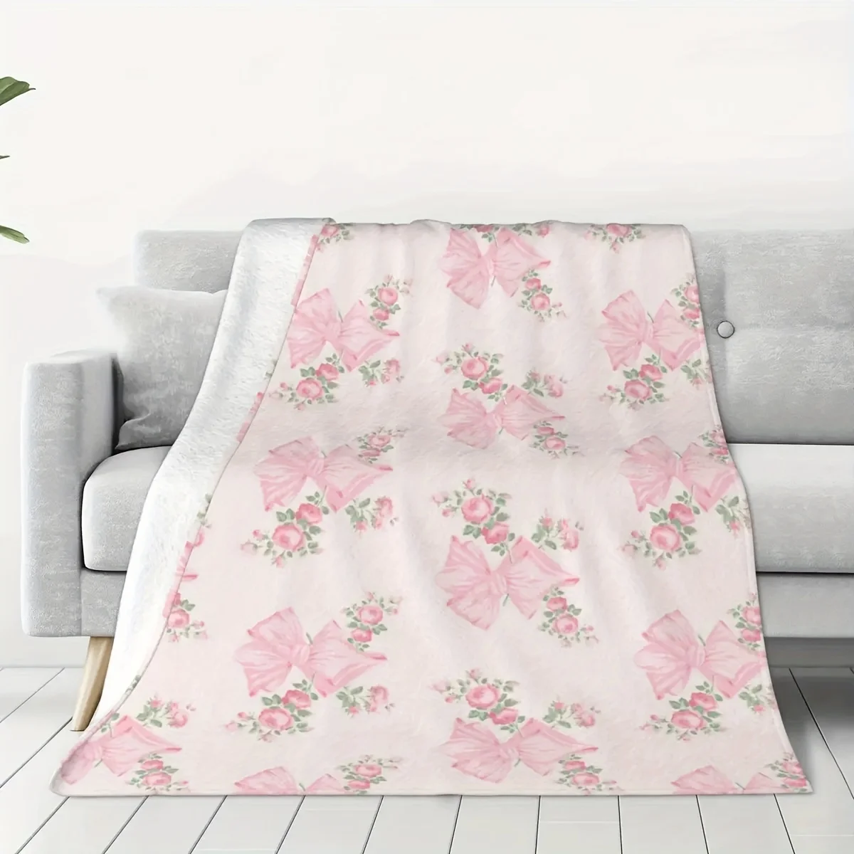 Weiche, gemütliche Flanell-Überwurfdecke mit rosa Schleife und Blumenmuster, vielseitig einsetzbar für Büro, Camping und Reisen, Ganzjahreswärme, maschinenwaschbar