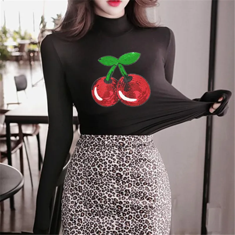 Clothing Women Shirt Top Diy Fruit Patch Cherry Red Sequins deal with it T-shirt girls Iron on Patches for clothes Stickers