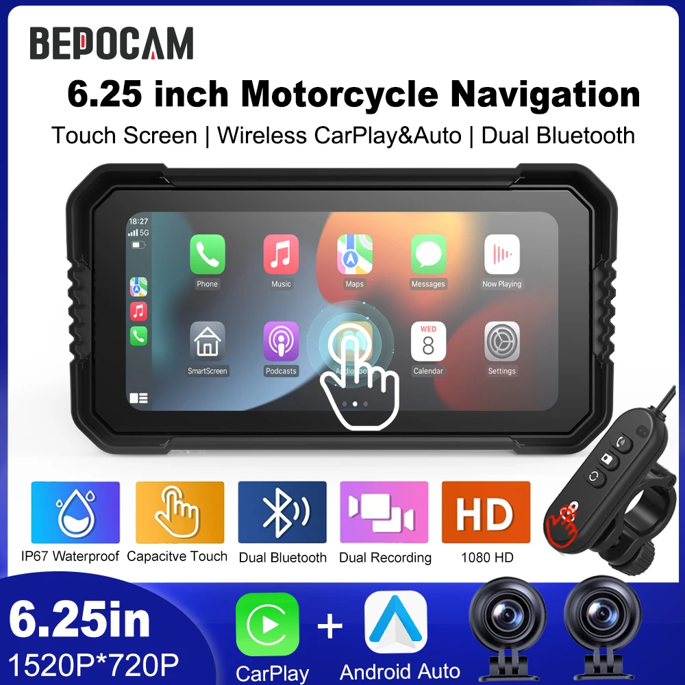 BEPOCAM 5/6.25 inch Carplay Motorcycle DVR Navigation GPS Wireless CarPlay Android Auto Airplay Display Screen Moto Monitor IPX7