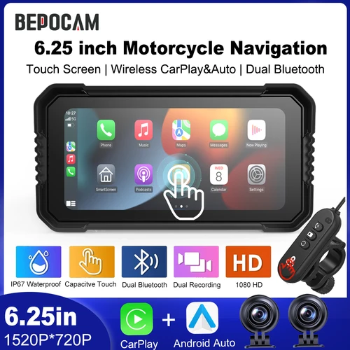 BEPOCAM 5/6,25 pulgadas Carplay motocicleta DVR navegación GPS inalámbrico CarPlay Android Auto Airplay pantalla Moto Monitor IPX7
