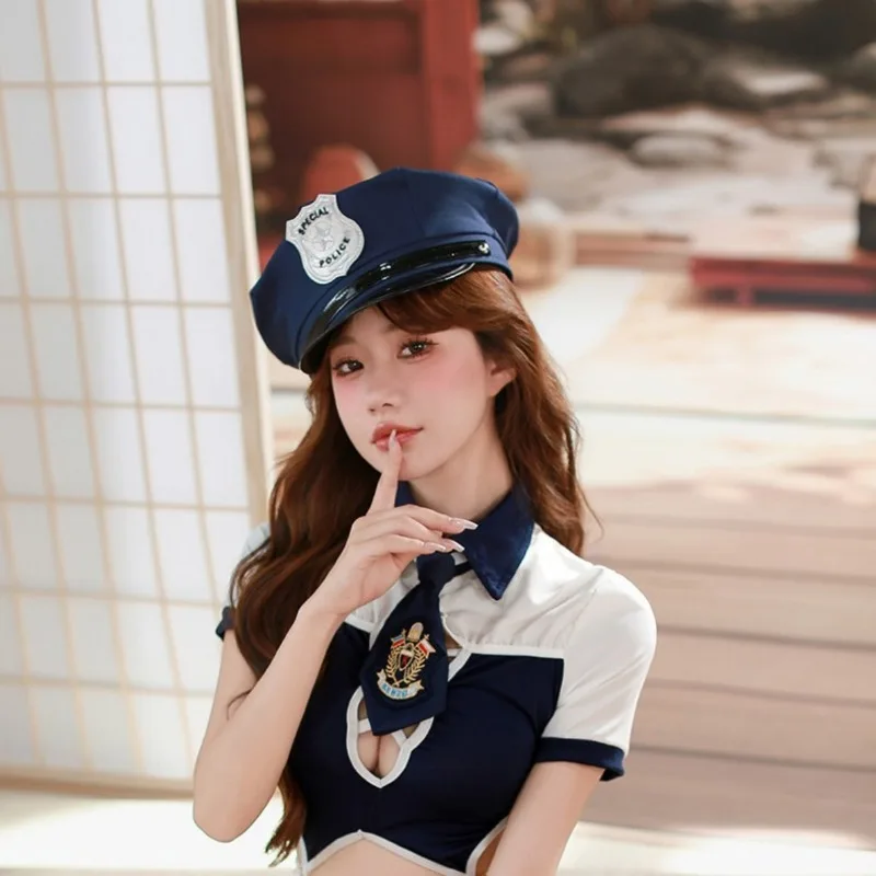 European and American Police Caps Black Adult Female Policewoman Sex Uniform Temptation Halloween Props Flat Top Star Anise Hat