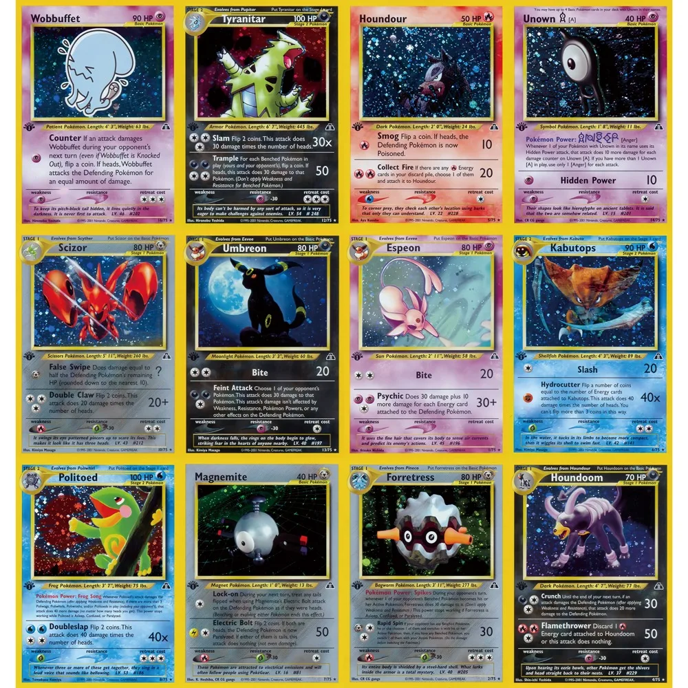 Potdemiel tarjetas de Pokémon Neo Discovery Set Neo Holo tarjetas raras Umbreon Espeon Tyranitar Wobbuffet Scizor Pokemon PTCG tarjetas de regalo