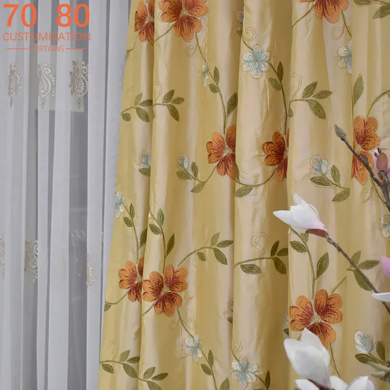 Chinese Style Yellow Embroidered Thickened Glossy Curtains for Living Rooms Bedrooms Villas Custom Embroidered Window Screens
