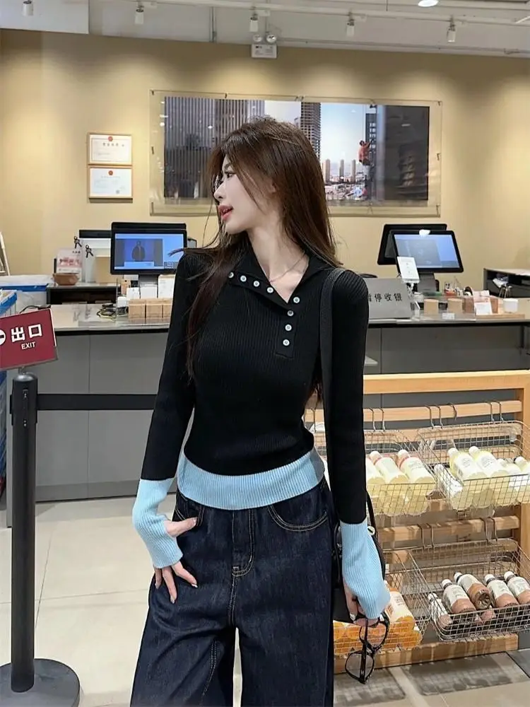 

Индивидуальные пуловеры с отложным воротником и пуговицами, Y2k, корейская уличная популярная одежда, вязаные свитера