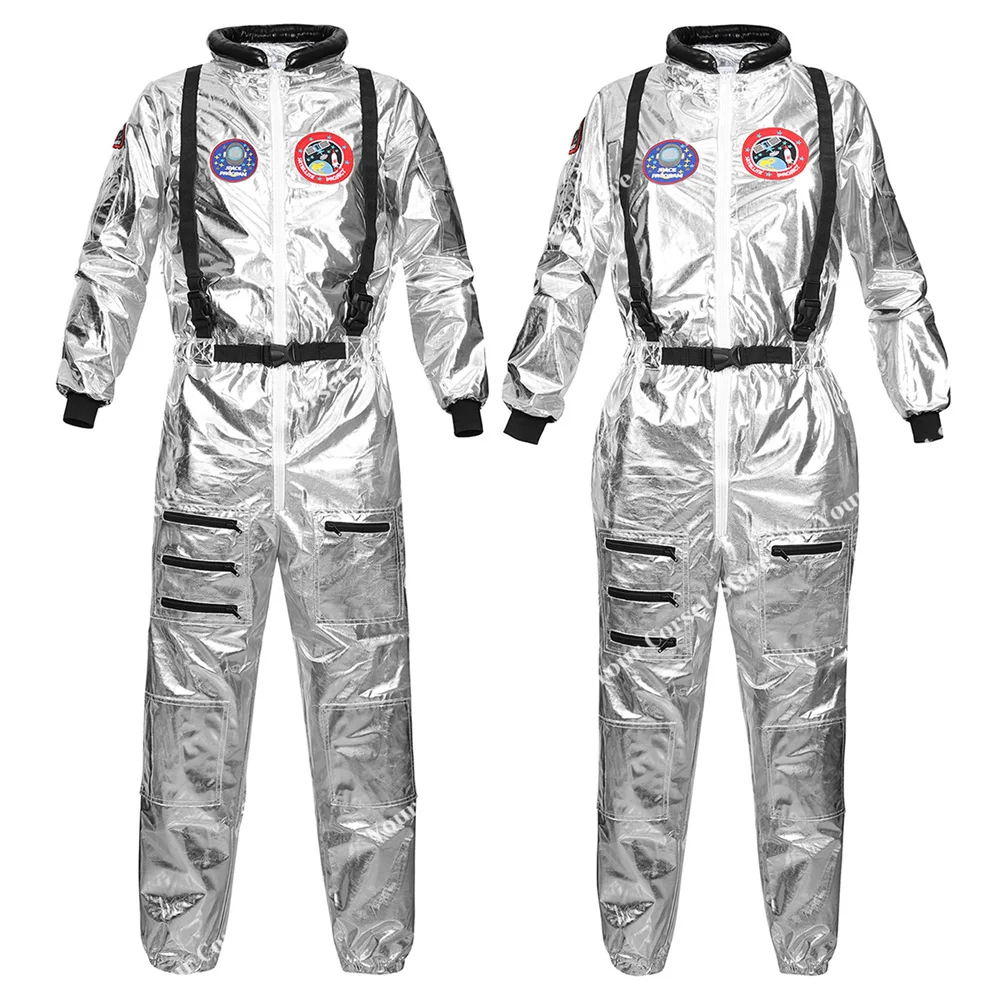 

Space Suit Couple Astronaut Costume Adult Zipper Spaceman Costume Women Silver Astronaut Jumpsuit Flight Men Halloween Costume