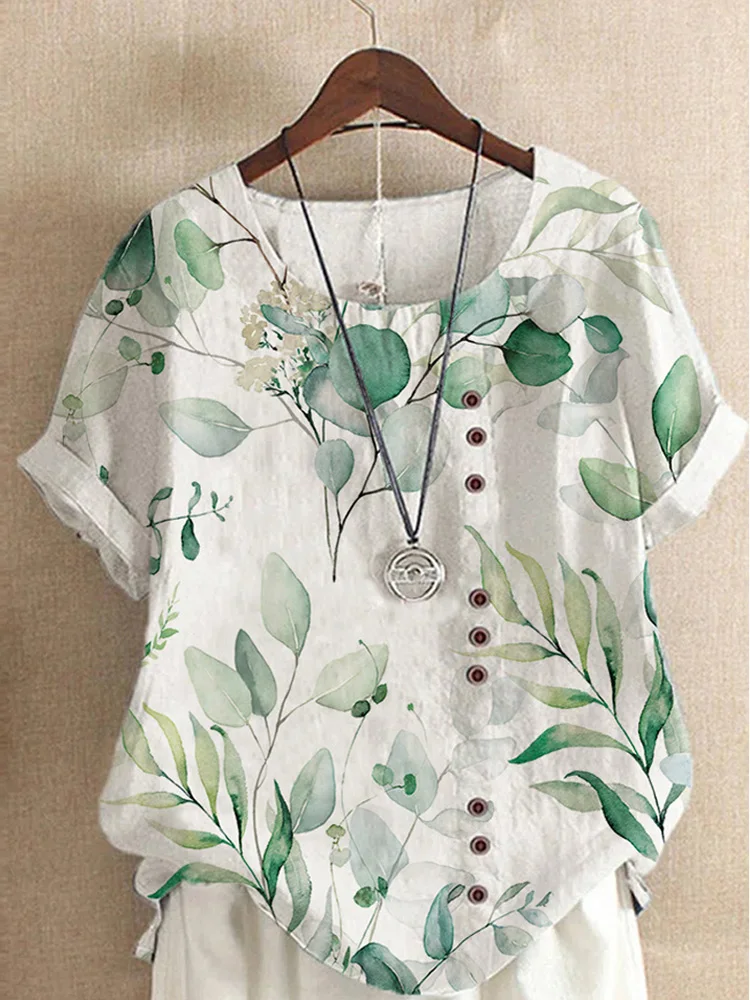 2024 summer AliExpress vintage cotton and linen fashion print loose casual shirt short sleeve T-shirt