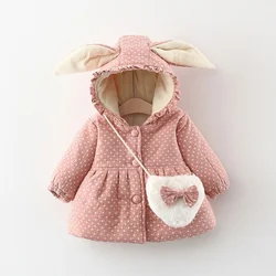 Winter New Children's Dress 0-3 Years Old Long Ear Polka Dot Hooded Girl Cotton Jacket with Free Bag