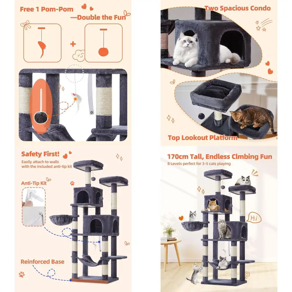 

66.2 Крытая кошачья елка с 7 когтеточками, 2 насестами, 2 петельками, гамак, помпонами, дымчато-серый
