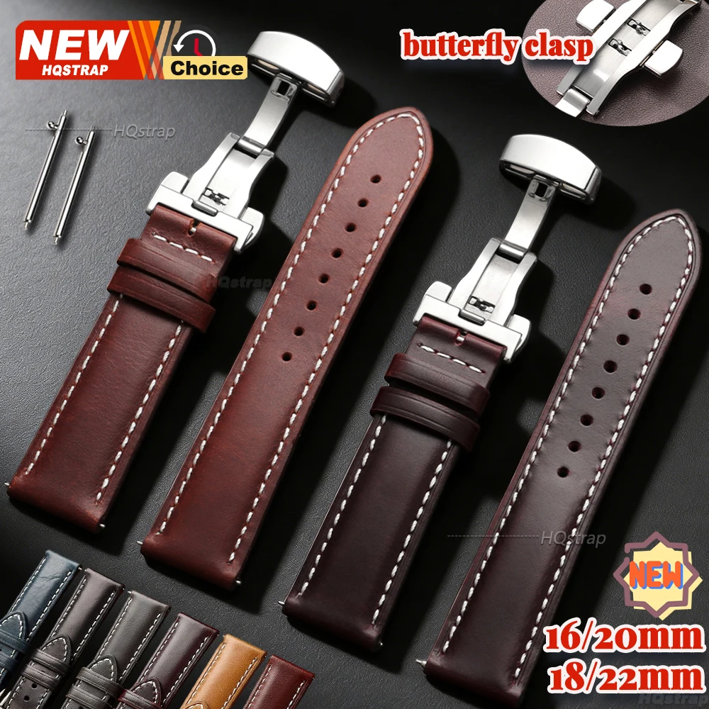 Schmetterlingsschnallen-Lederarmband mit Ölwachs-Beschichtung 16/18/20/22mm Genähtes Band Smartwatch Echtleder-Armband für Seiko Gürtel für Samsung 20mm