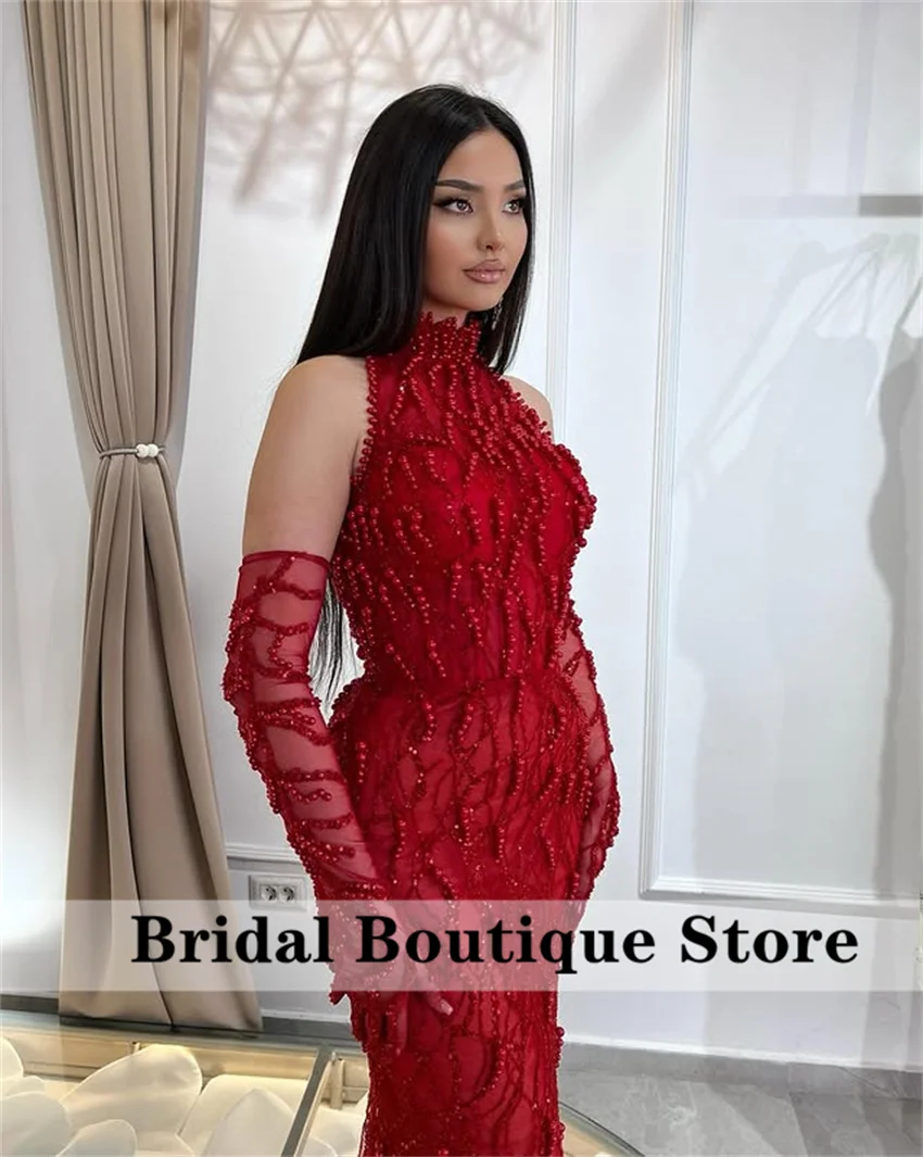 

Red Luxury Women's Evening Dresses 2025 With Gloves Beading Crystals Pearls Party Dress Prom Gown Vestidos Customized