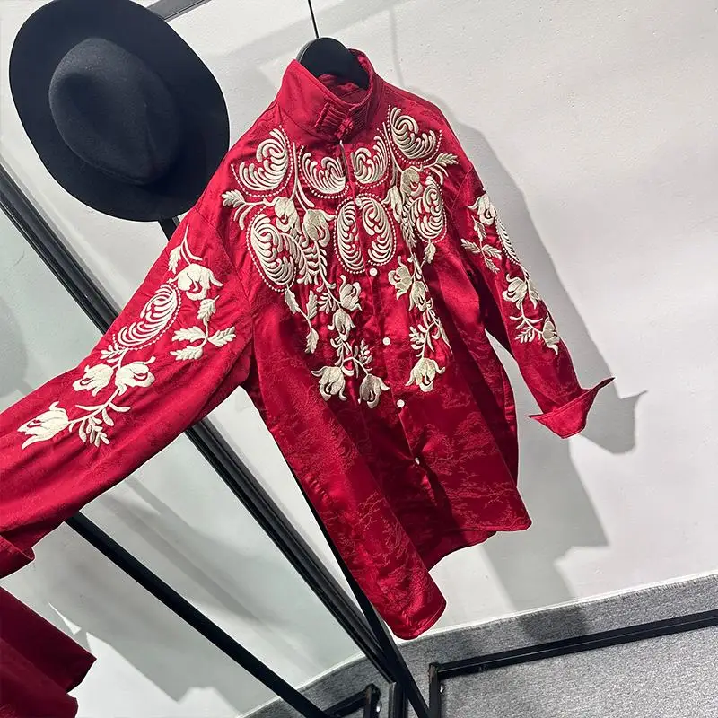 New Chinese Style Heavy Industry Flower Embroidery Design Stand Collar Loose Shirt Men's National Retro Long-Sleeved Red Top