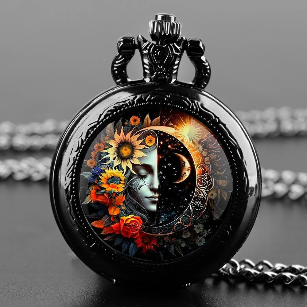 

Sunflower Goddess Design Glass Dome Quartz Pocket Watch with Arabic Numeral Dial on Chain Ideal Present for Special Occasions