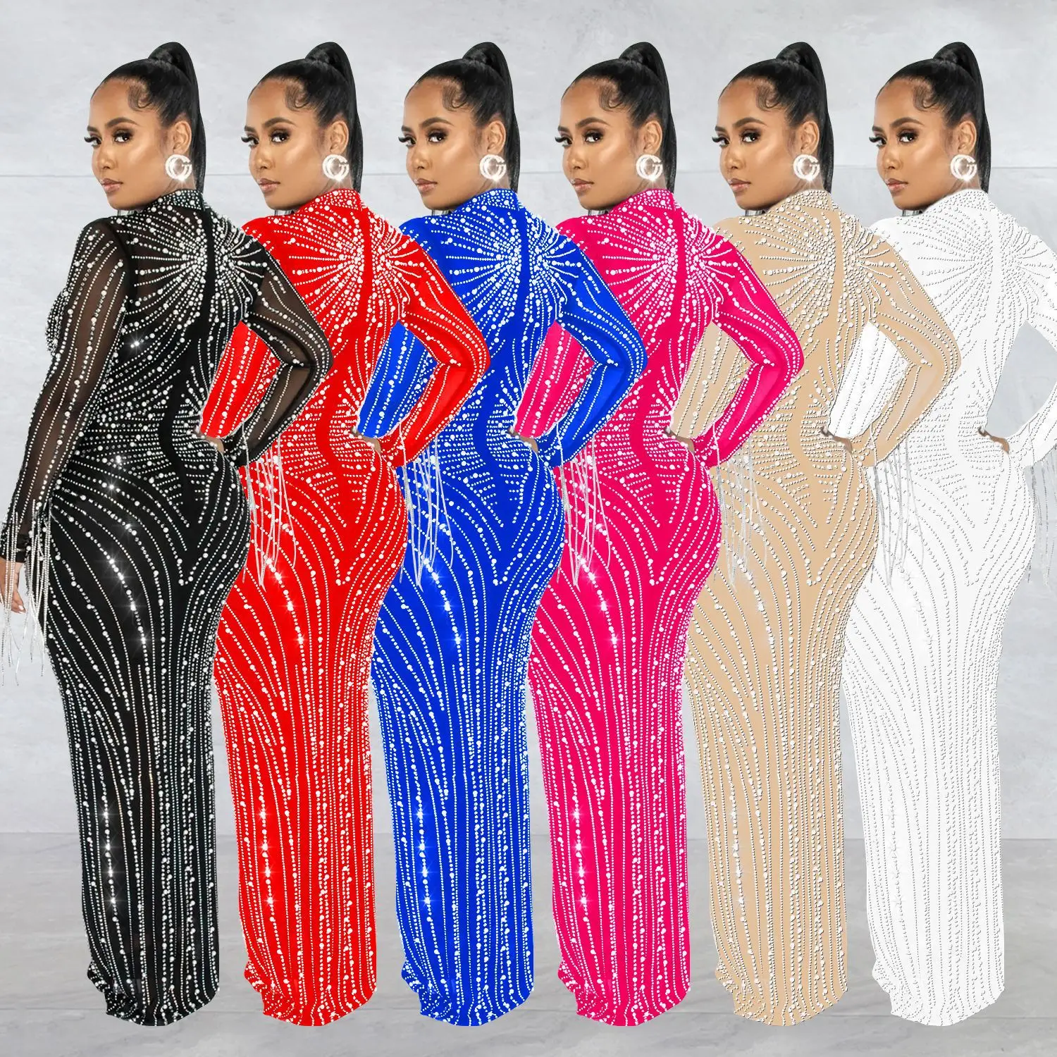 Women Dress Autumn Sexy Sheer Mesh Long Sleeve Rhinestone Party Club Dress Fringe Evening Wedding Prom Dresses With Bodysuit