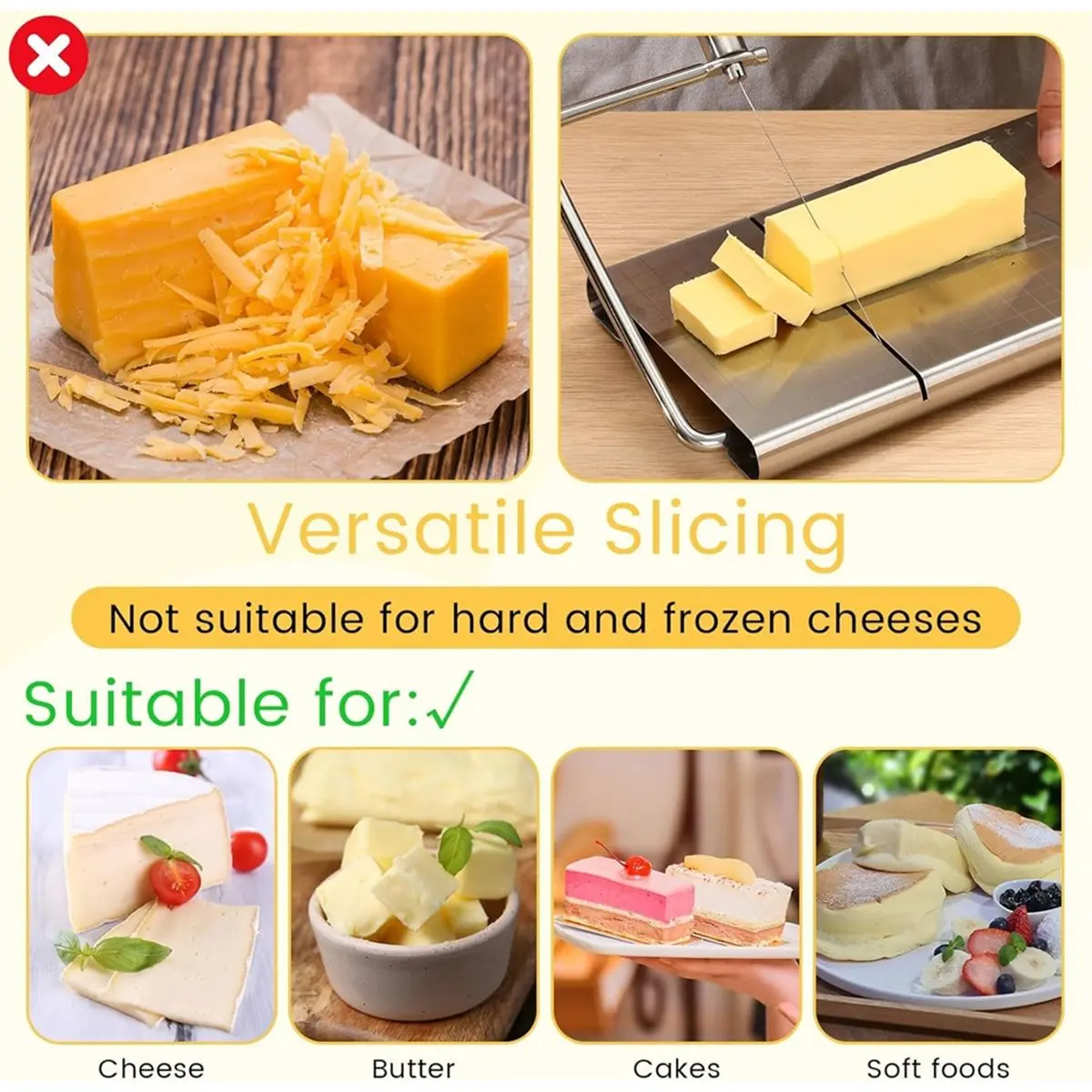 (CNIM) 4 Pack Cheese Slicer with 24 Pcs Replacement Wires Measuring Grid Adjustable Metal Butter Cutter for Block Cheeses,Cakes