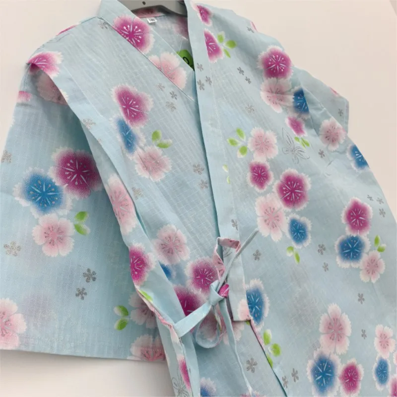 

2025 Japanese Cotton Yukata Kimono Set Girl Flower Pattern Simple Top Pants Pyjama 2 Pieces Set Kids Short Sleeve SleepwearLI130