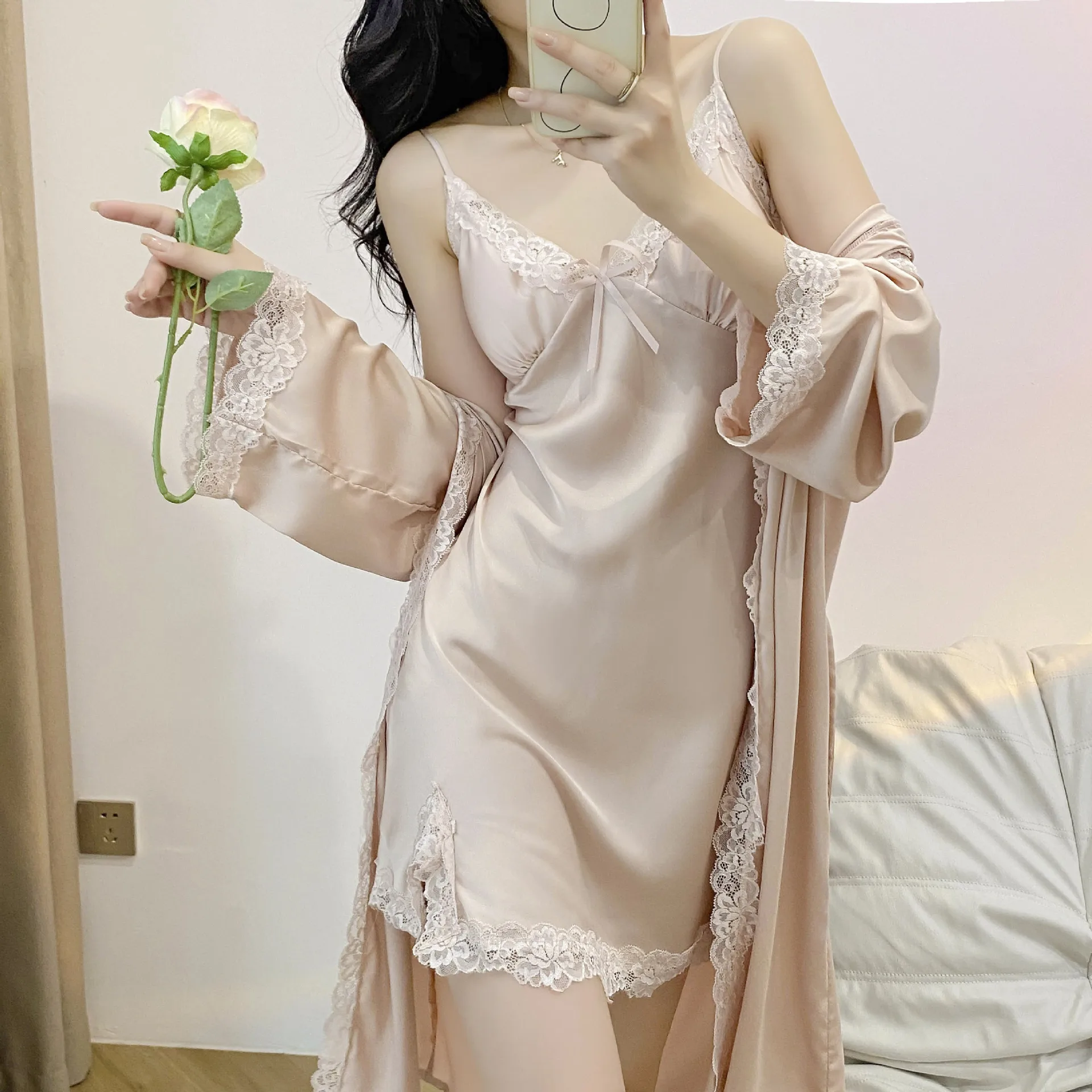 Traje de roupão de renda quimono para mulheres, Twinset Nightdress Set, Sleepwear cetim, Loungewear doméstico, Summer Nightdress