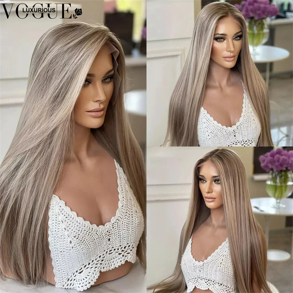 Cool Ash Blonde Human Hair Wigs With Brown Roots 13x4 Transparent Lace Front Wig Human Hair Highlight Straight Pre Plucked Wigs