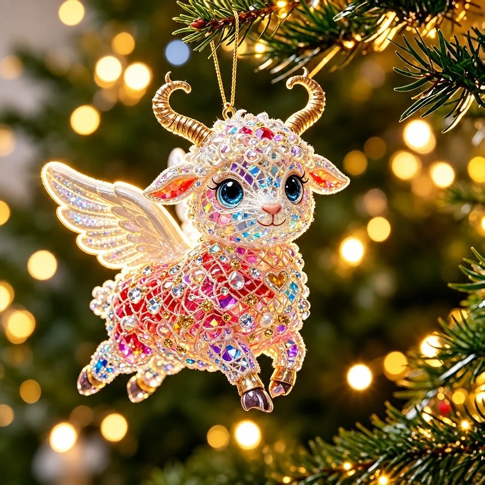 2D Flat Goat Hanging Ornament Set Acrylic Artificial Rhinestone Goat Pendant Shining Simulation Zodiac Goat Souvenir