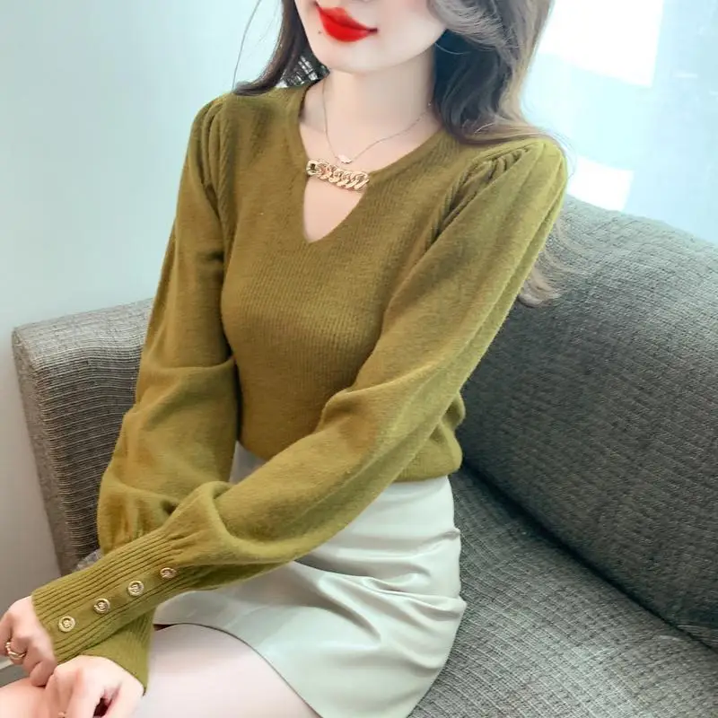 

Women's Puff Sleeve Knit Top Hollow Out Chain Detail Sexy Chic Autumn Winter Fashion Tops