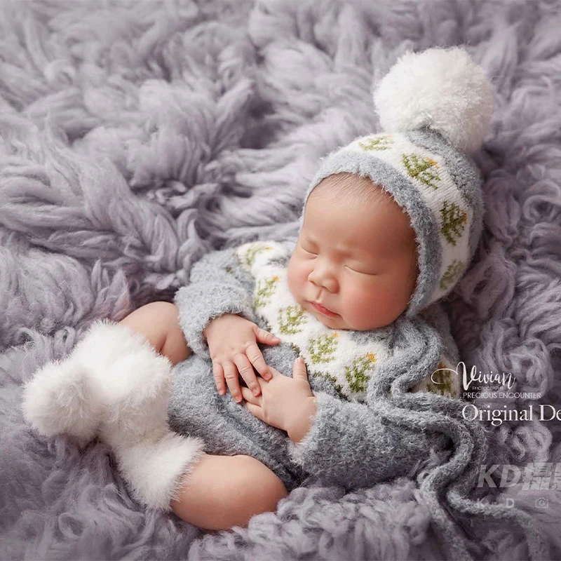 0-1M Newborn Photography Costumes Cute Elephant Baby Knit Jumpsuit with Matching Hat Infants Homewear Studio Photoshoot Props