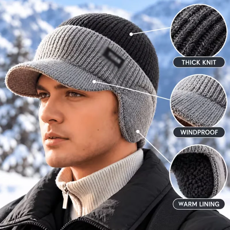 Knitted Warm Baseball Cap Winter Windproof Thickened Ear Protection Outdoor Beanie Thermal Hiking Skiing Running Earmuffs