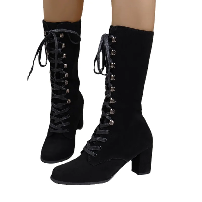 2023 Winter Shoes for Female Front Lace-up Women's Mid-Calf Boots Square Heel High Heel Women's Shoes Cross-tied Ladies Boots