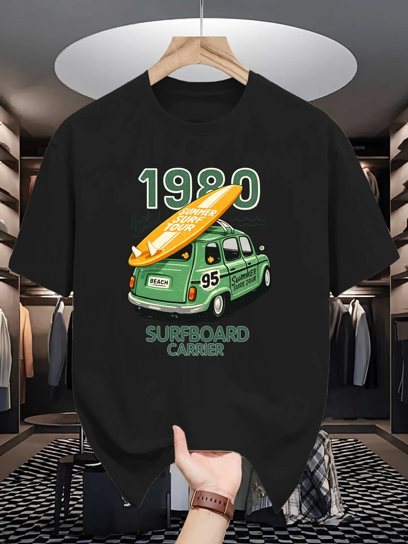 Retro Surf Van Surfboard Carrier Print Mens Crew Neck T Shirt Summer Beach Graphic Short Sleeve Casual Cotton Daily Tops
