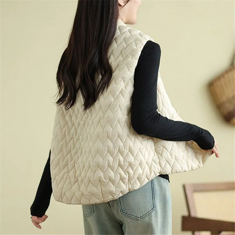 Autumn Winter New Short Down Cotton Vest Women Stand Collar Disk Buckle Warm Waistcoat Loose Sleeveless Jacket Female Tops T1672
