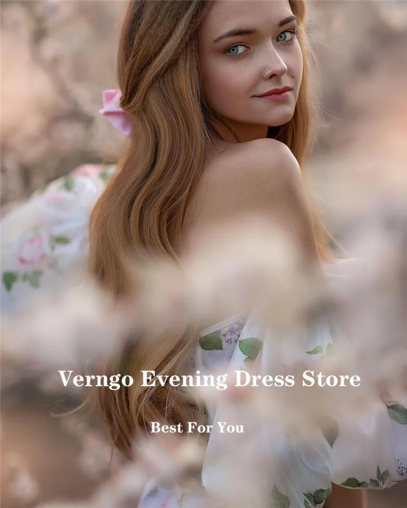 Verngo-Vestidos de Noche estampados de línea A para mujer, mangas abullonadas, escote Corazón, tren largo de 90 cm, vestidos de graduación formales elegantes, bata de matrimonio