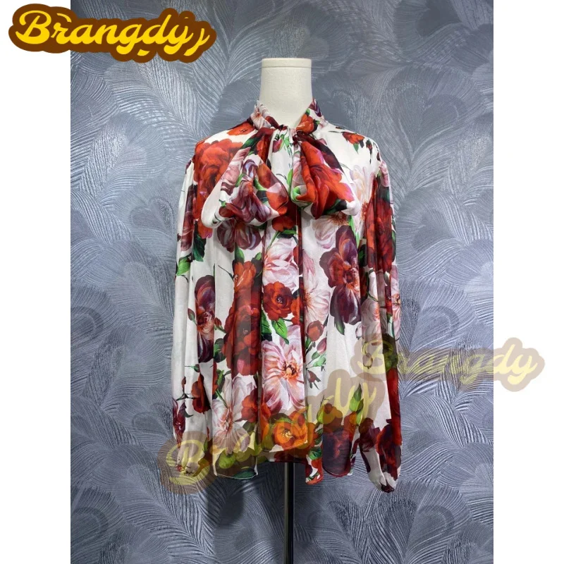 

Brangdy 2025 Summer New Bow Tie Silk Printed Long Sleeve Shirt In Stock Real Shot